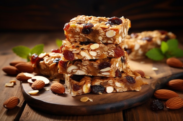 Muesli bars on wooden table