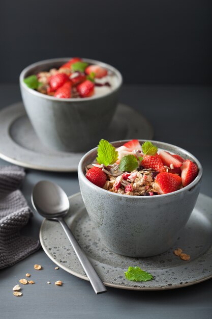 Muesli en yoghurt met zaden en aardbeien als ontbijt