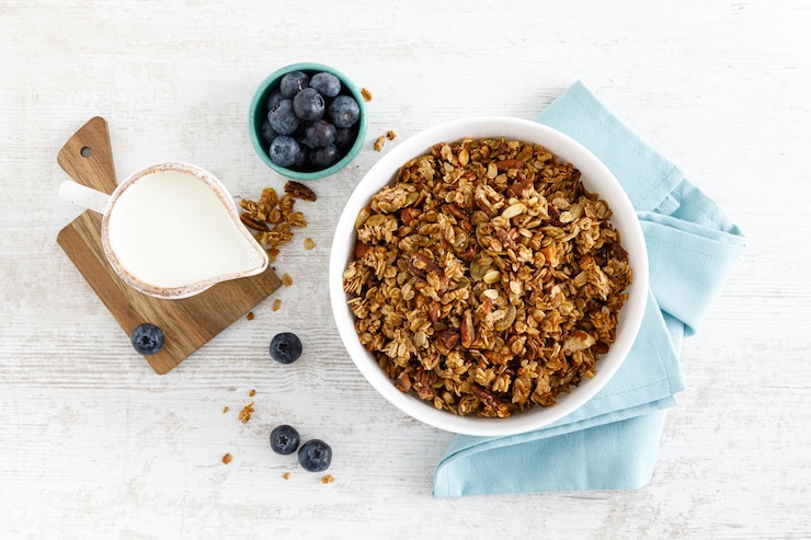 Foto muesli met noten en zaden bovenaanzicht