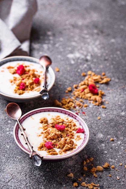 Foto muesli met yoghurt en gedroogde frambozen