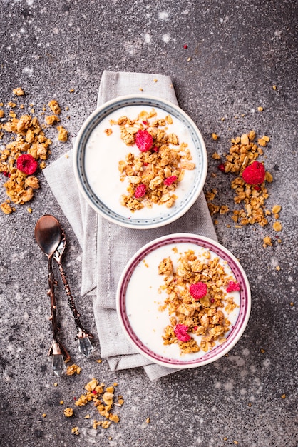 Muesli met yoghurt en gedroogde frambozen