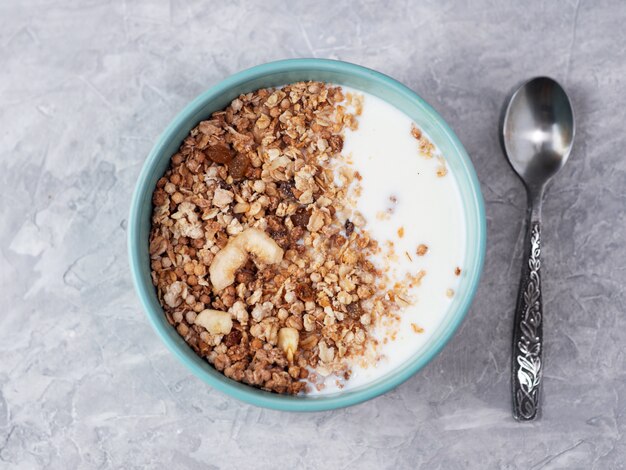 Muesli with banana, chocolate and yogurt