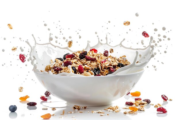 Photo muesli with dried fruits and milk on a white background