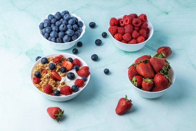 Muesli with greek yogurt on the table