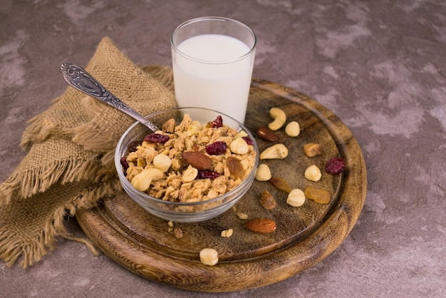 Muesli with meom and milk. Useful breakfast.