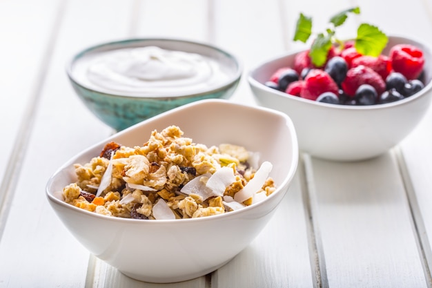 Muesli yoghurt and berries. Healthy breakfast with yogurt granola and fresh fruit.