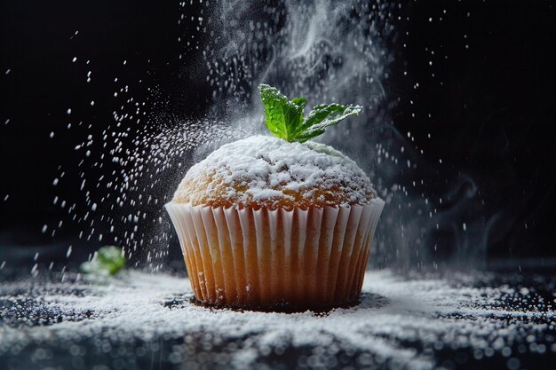 Muffin dessert on black with sugar powder ar c