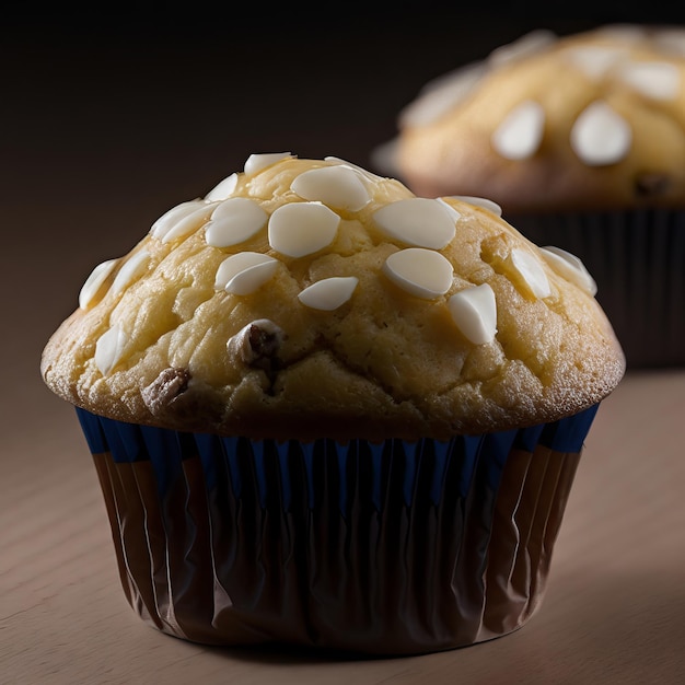 A muffin with a blue wrapper that says chocolate chip muffins