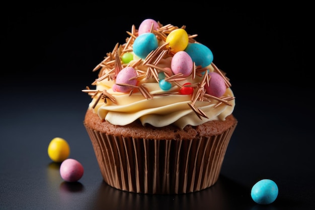 Muffin with cream decorated with colorful dragees