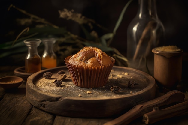 A muffin with a cup of coffee on a wooden table