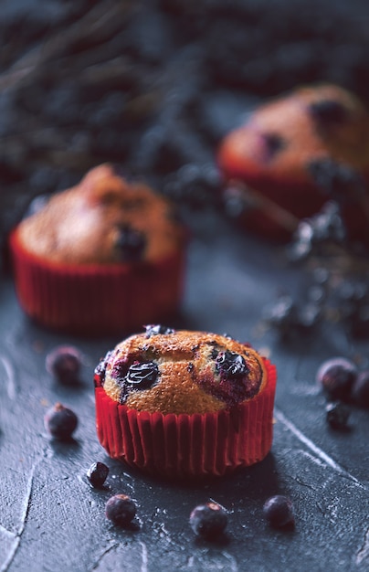 Muffin with currants on a dark background next to the berries on the branches. in a rustic style. dark style