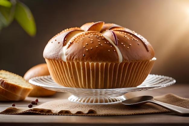 A muffin with sesame seeds on a plate