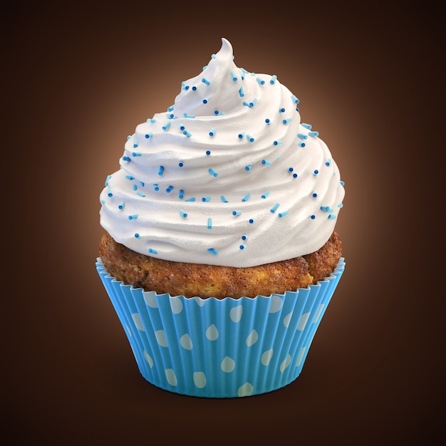 Photo muffin with white cream topping in blue cup