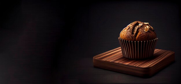 Foto un muffin su un vassoio di legno con uno sfondo scuro