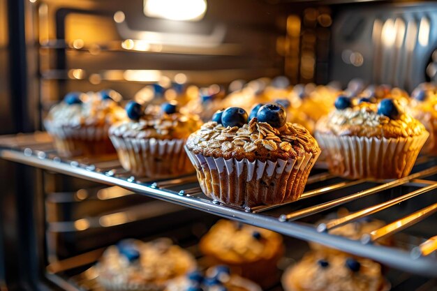 A muffins baking in the oven with blueberries oatmeal and yogurt