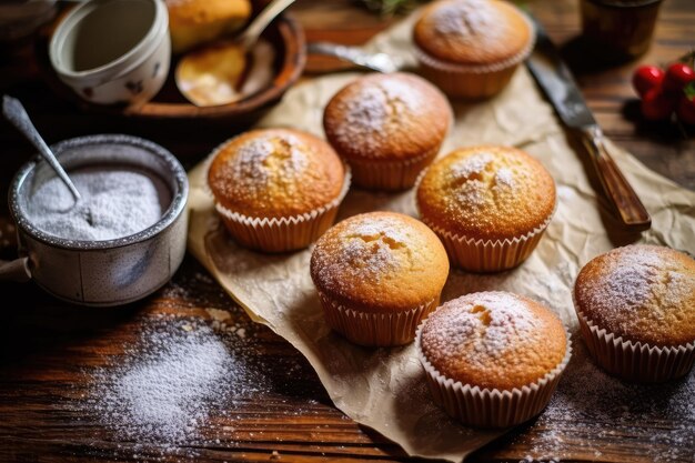 muffins in de keukentafel plat leggen professionele foodfotografie AI gegenereerd