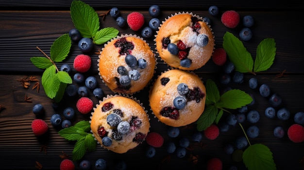 Muffins met bosbessen en rode bessen op textieloppervlak Hoge kwaliteit foto