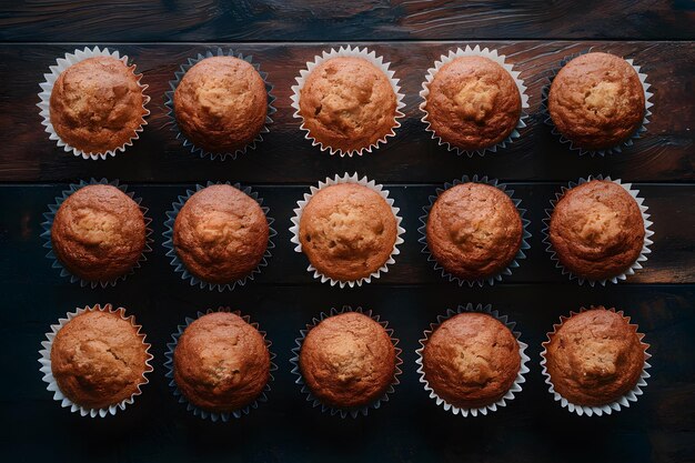 Foto muffins netjes gerangschikt op de keukentafel in vlakke lagen