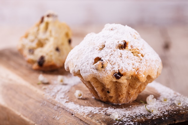 Muffins with raisins sprinkled with powdered sugar.
