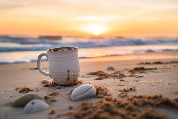 A mug on a beach with a beach scene in the background