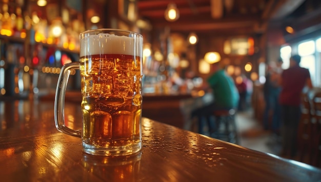 a mug of beer at a bar in front of people