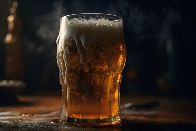 Mug of beer on a dark background with smoke