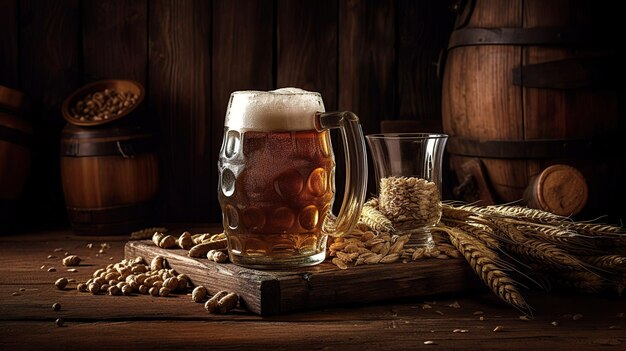 A mug of beer and a glass of beer on a table