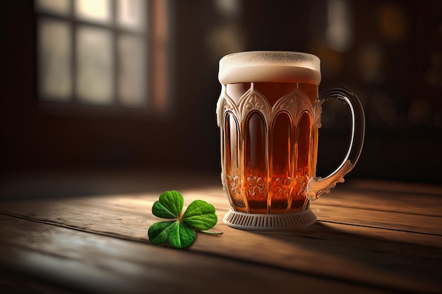 四つ葉のクローバーが描かれたグラスに入ったビールのジョッキ