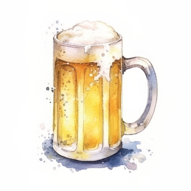 Mug of beer isolated on white background Watercolor hand drawn illustration