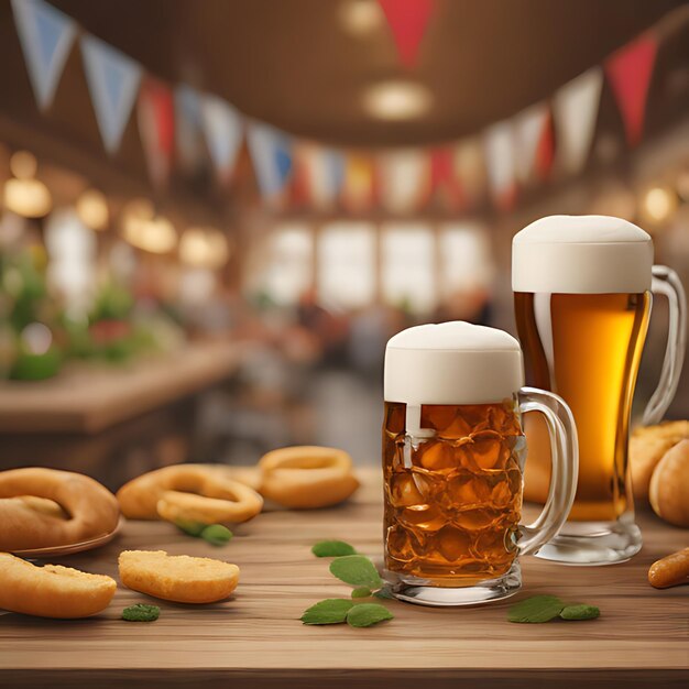 Photo a mug of beer next to a mug of beer and bread