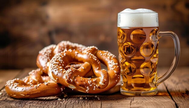 Foto una tazza di birra e pretzel su un tavolo di legno