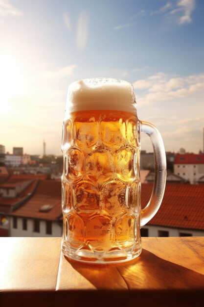 Photo mug of beer sitting on top of a wooden table