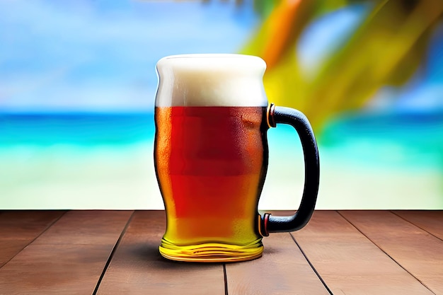 Un boccale di birra con una spiaggia sullo sfondo