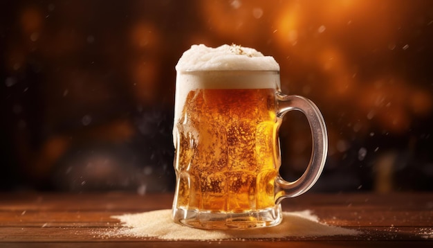 mug of beer with foam on the bar close up