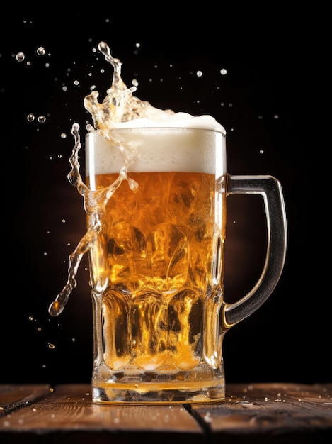 Mug of beer with foam and splashes on a wooden table isolated on a dark background