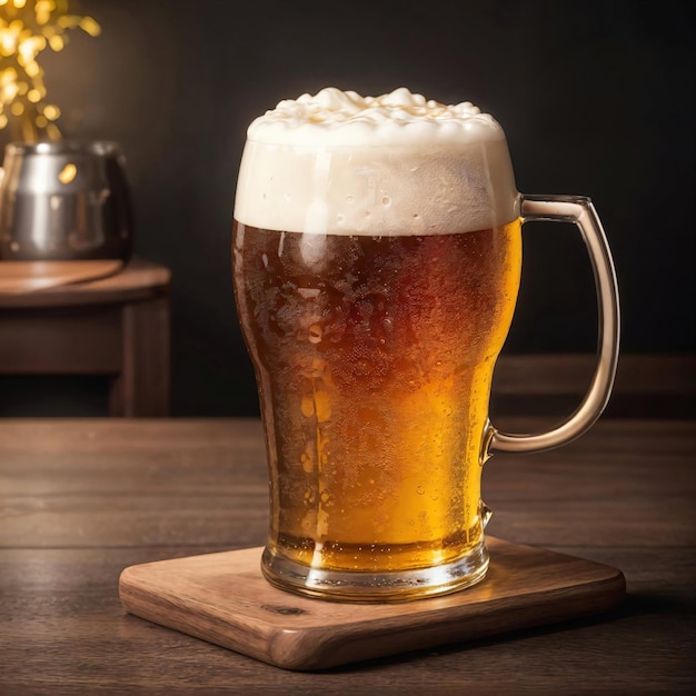 Mug of beer with foam on a wooden board on a dark background AIgenerated