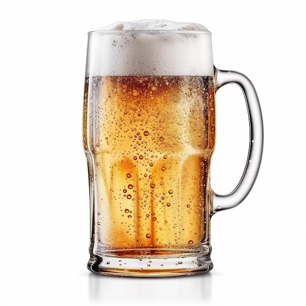 A mug of beer with a foamy top and the word beer on it