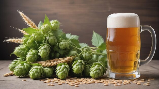 Photo mug of beer with green hops and wheat ears on wood