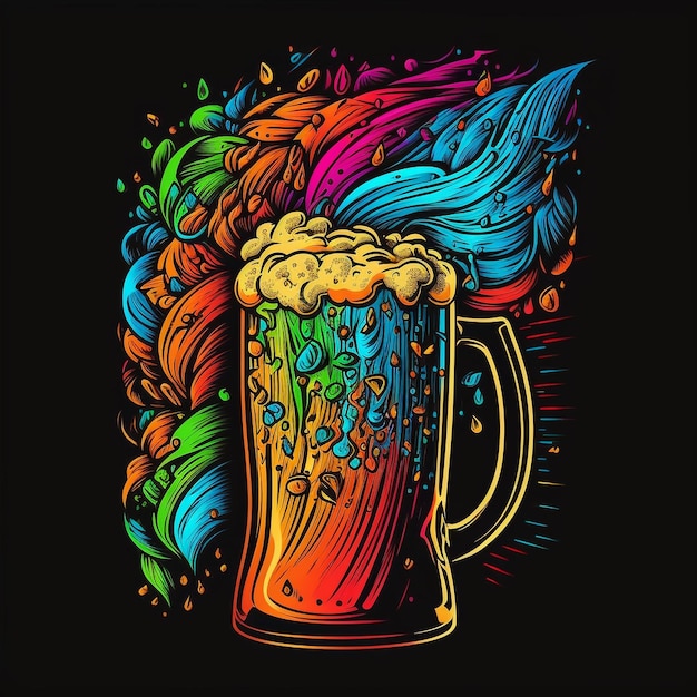 A mug of beer with a rainbow on it.