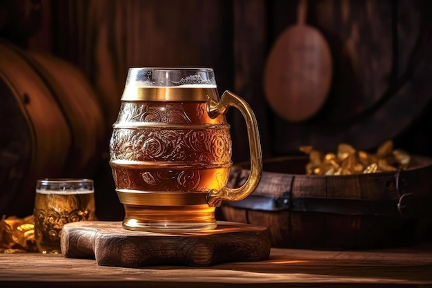 Boccale di birra con orzo di frumento e barili su sfondo still life copia spazio ai generato