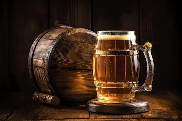 Mug of beer with wheat barley and barrels on background still life copy space ai generated