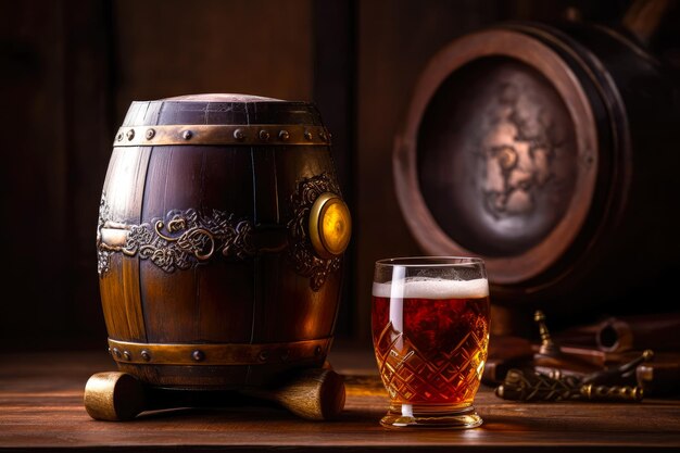 Mug of beer with wheat barley and barrels on background Still life Copy space Ai generated