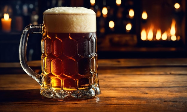 Mug of beer on a wooden table in a pub or bar ai generative