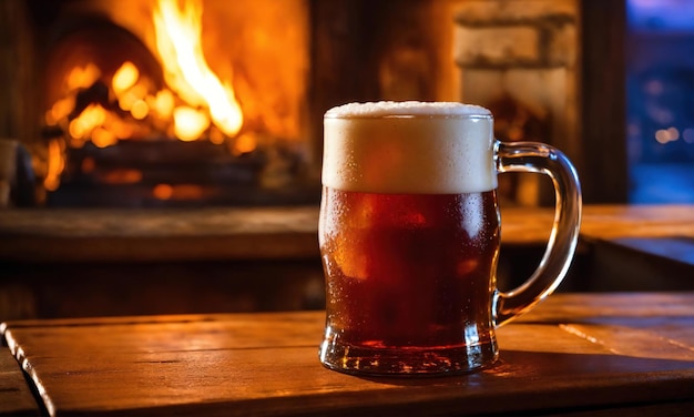 Foto una tazza di birra su un tavolo di legno in un pub o un bar
