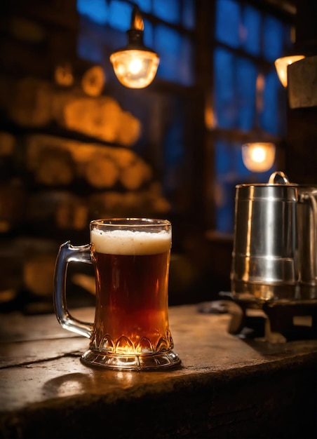 Чашка пива на деревянном столе в пабе или баре