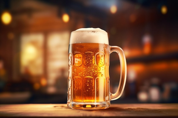 A mug of beer on a wooden table in a pub