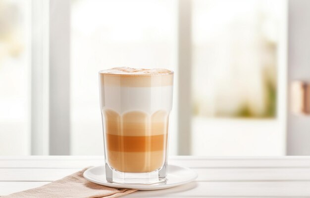 mug of black coffee on white plate on white wooden table over li