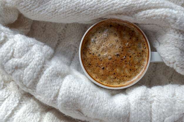 a mug of black coffee wrapped in a milky woolen knitted sweater