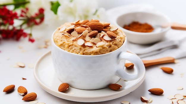 Mug cake of oatmeal with almonds on a plate