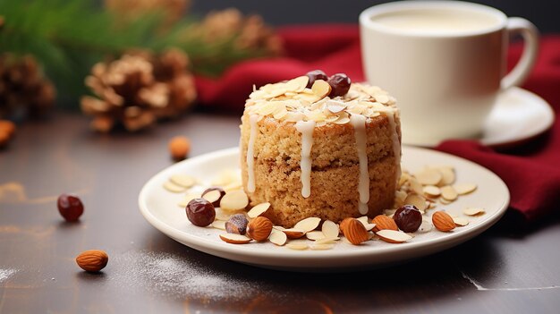 Photo mug cake of oatmeal with almonds on a plate